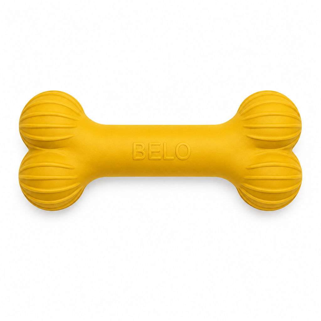 Sunshine yellow BELO Aero Bone dog toy on a white background