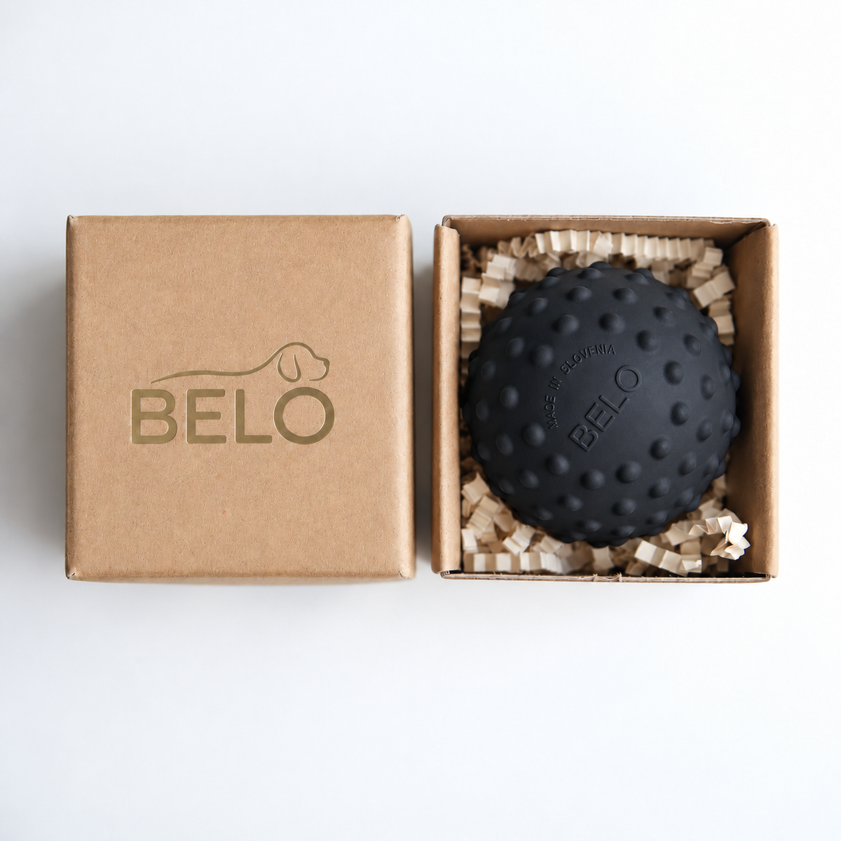Midnight black BELO Bubble Ball dog toy in an open cardboard box beside the branded lid