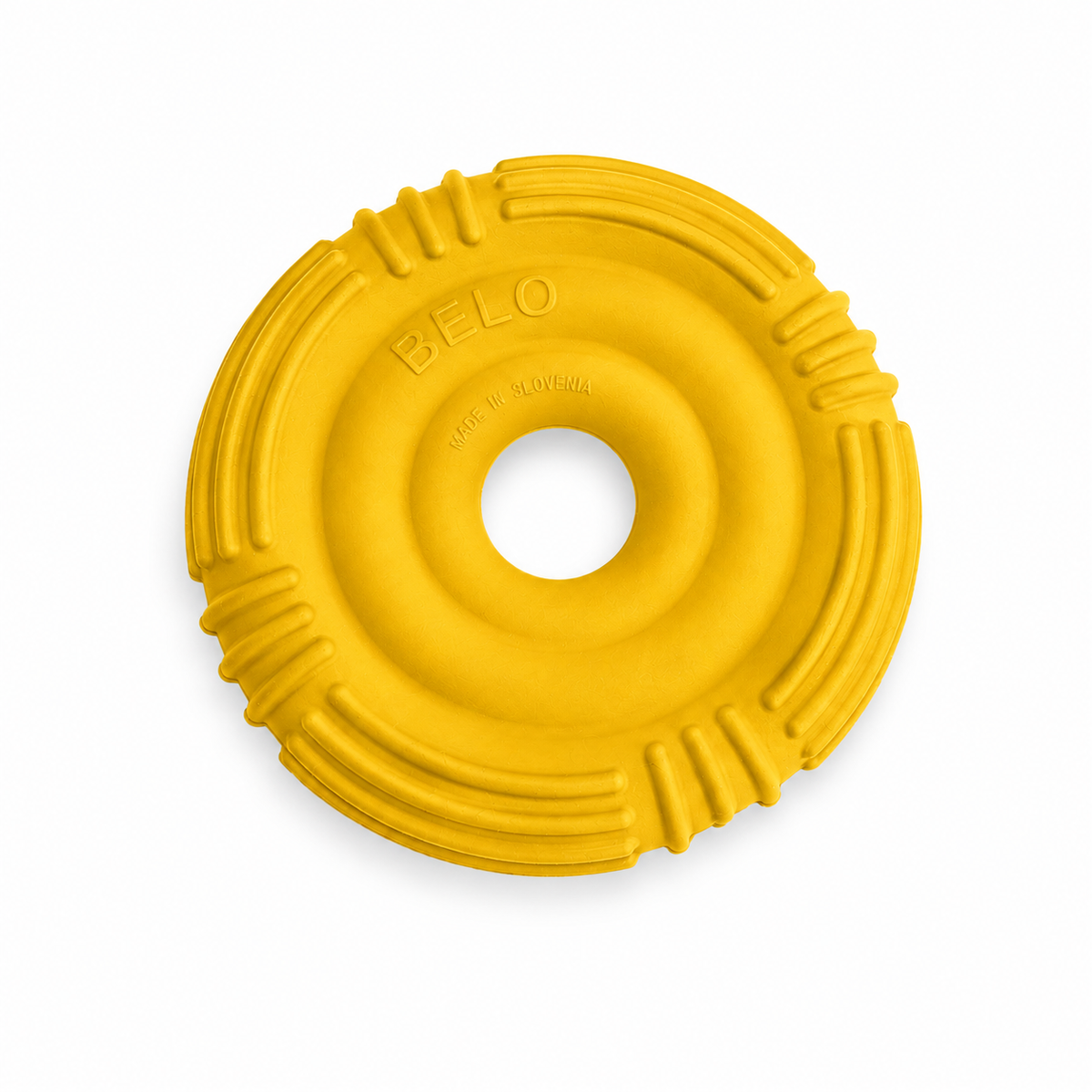 Sunshine yellow BELO Aero Ring dog toy on a white background